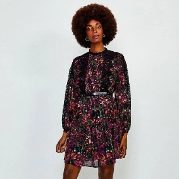 Karen Millen Floral 2 Pc. Lace Pleated Baby Doll Ruffle Georgette Dress Size 12 - Picture 1 of 11